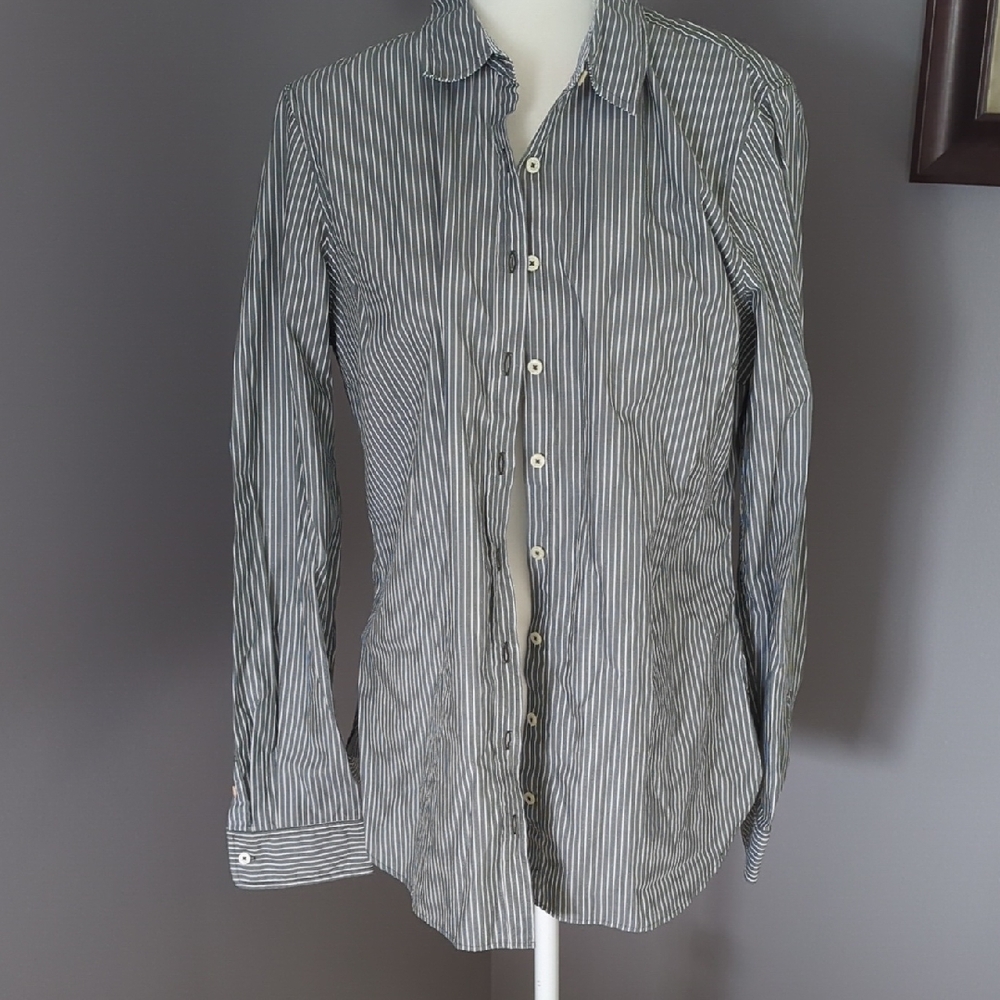 Tommy Hilfiger Grey and White Striped Button Down Shirt